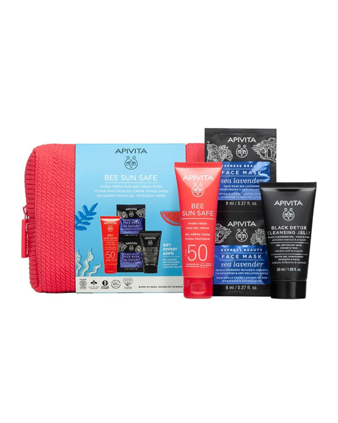 APIVITA BEE SUN SAFE SET (HYDRA FRESH GEL-CREAM SPF 50+ FREE GIFT BLACK CLEANSING GEL+ FACE MASK SEA LAVENDER 2 X 8 ML)